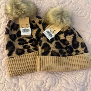 C.C mommy and me Leopard Print Beanie with Pom Pom - Tan and Brown